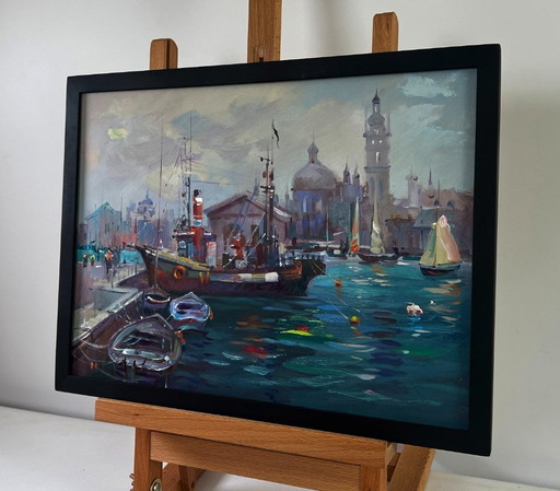 Original Oil Painting Gloomy Houses Landscape Boats bob at the city pier