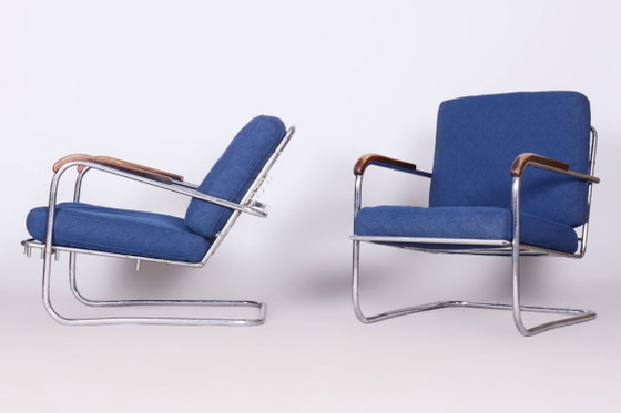 Origineel Bauhaus-paar fauteuils, verchroomd staal, Zwitserland, jaren 1930 – SAB Prague, Metal, Textile (photo 11 of 18)
