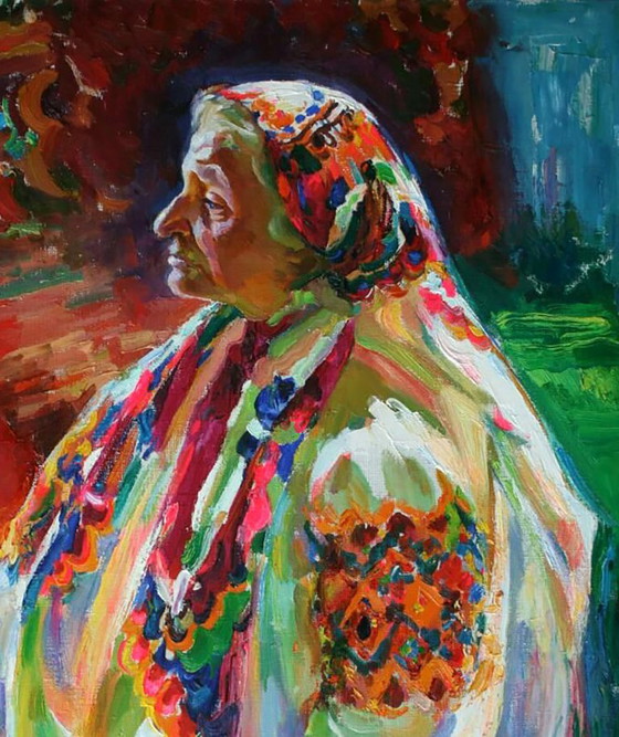 Origineel olieverfschilderij: Portret van een oude vrouw in traditionele feestkleding. (photo 3 of 5)