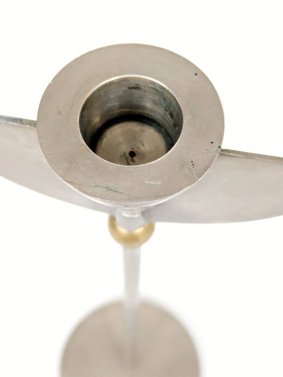 Image 1 of Coppia di portacandele postmoderni anni '80 | Acciaio inossidabile e ottone con design ad ala