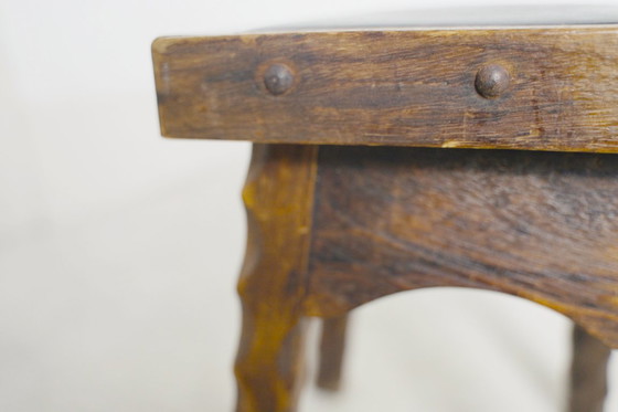 Image 1 of Rustic Oak Stools, 1940s French Hand-Carved Farmhouse Milking Stools, Fireplace Chalet Mountain Decor with Studded Leather Seats