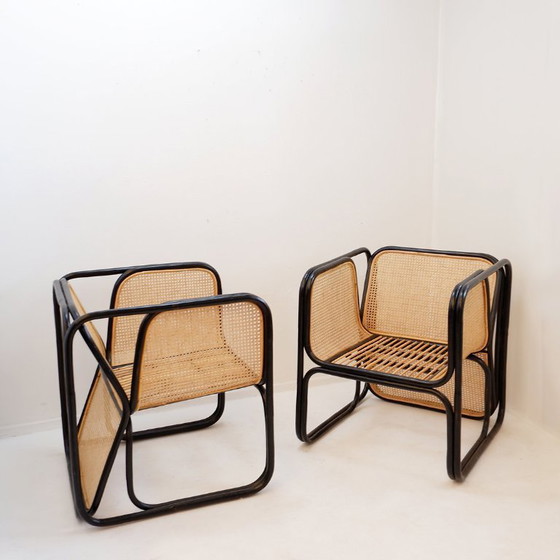 Image 1 of Design-Sesselpaar aus Bugholz und Korbgeflecht, Stil Jan Bocan