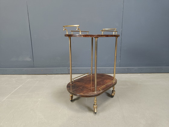 Image 1 of Chariot de bar italien en peau de chèvre laquée et parchemin par Aldo Tura, années 1960