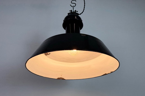 Image 1 of Industrial Black Enamel Bauhaus Pendant Lamp, 1930s