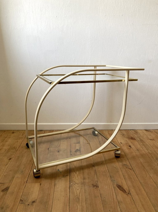 Vintage 1970s rolling serving cart in glass, cream metal and gold finish – serveerwagens