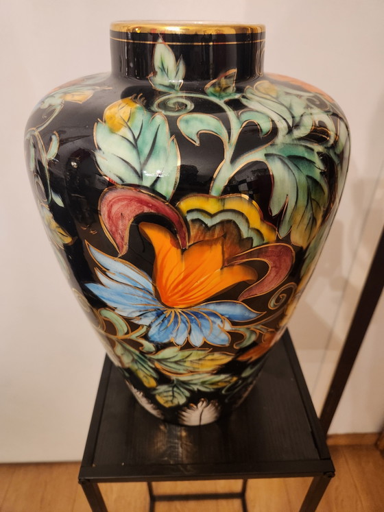 Image 1 of Large Vintage Art Deco Style Vase - Hubert Bequet - Black with Hand-Painted
