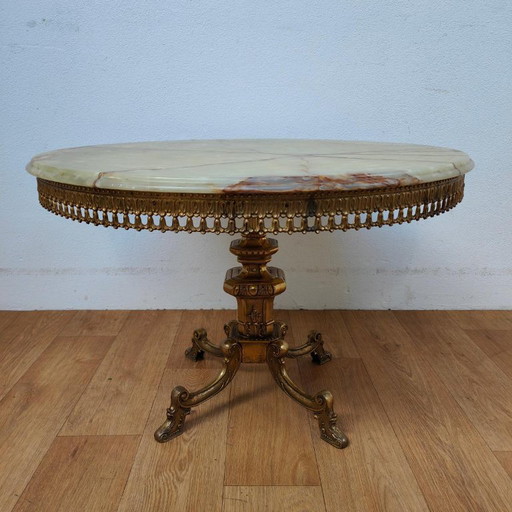 Table basse ronde vintage Regency avec plateau en marbre onyx 82cm