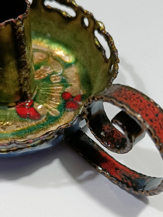 Image 1 of Italiaans geëmailleerde koperen kamerstokkaarshouder van L'Artigiana Smalti Pesaro