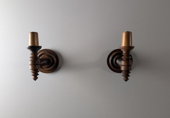 Image 1 of Par de apliques de pared franceses de madera torneada de Charles Dudouyt, década de 1940