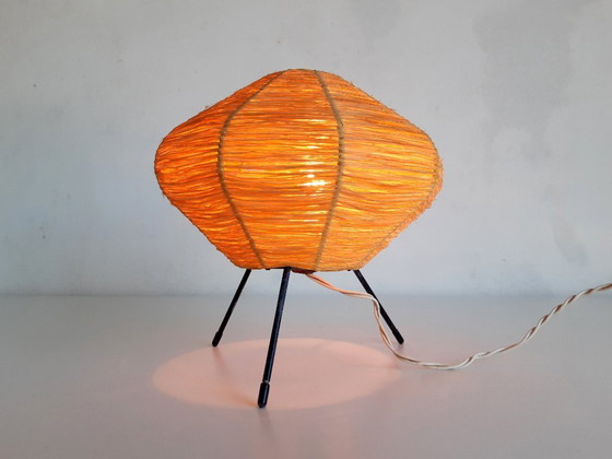 Image 1 of Refined vintage tripod raffia table lamp, mcm table lamp