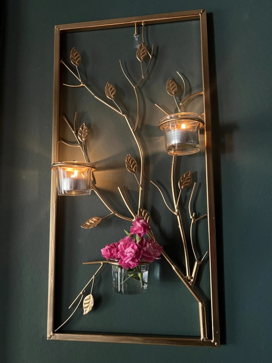 Gold Painted Metal Lantern Grid with Leafy Vines, Rectangular Balcony Decor – Candle holders, Glass (photo 3 of 9)