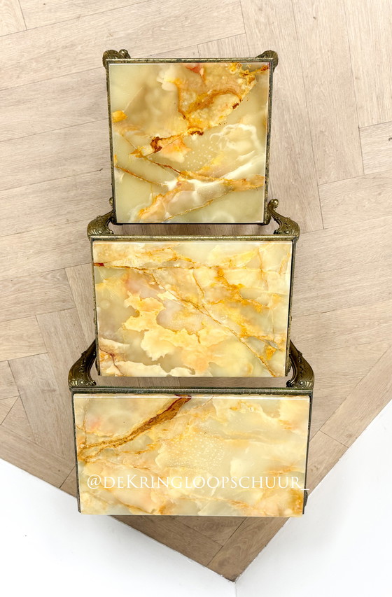 Image 1 of Vintage marble onyx brass nesting box, three side tables