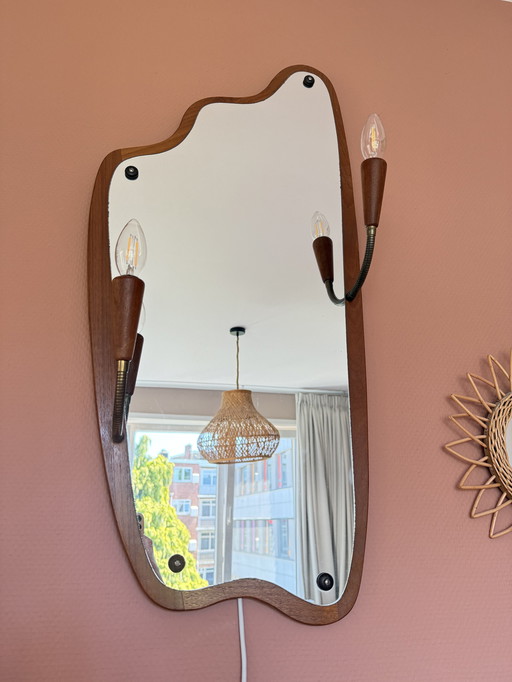 Mid-century Danish Teak Mirror with Lighting