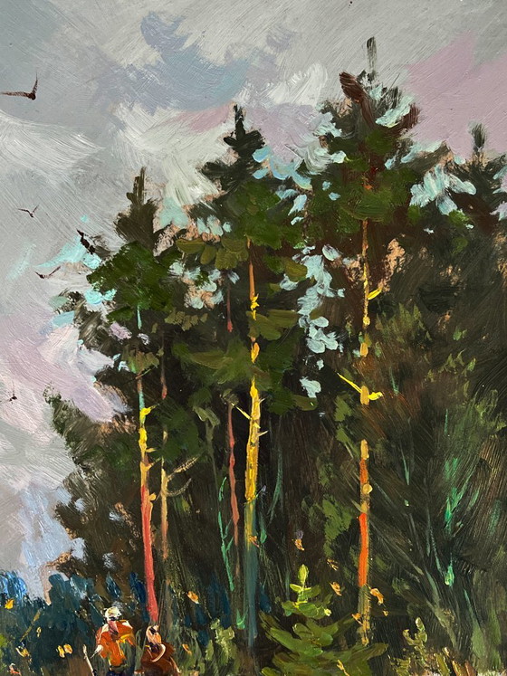 Image 1 of Peinture à l'huile originale, paysage naturel, pins enneigés, promenade dans la forêt hivernale