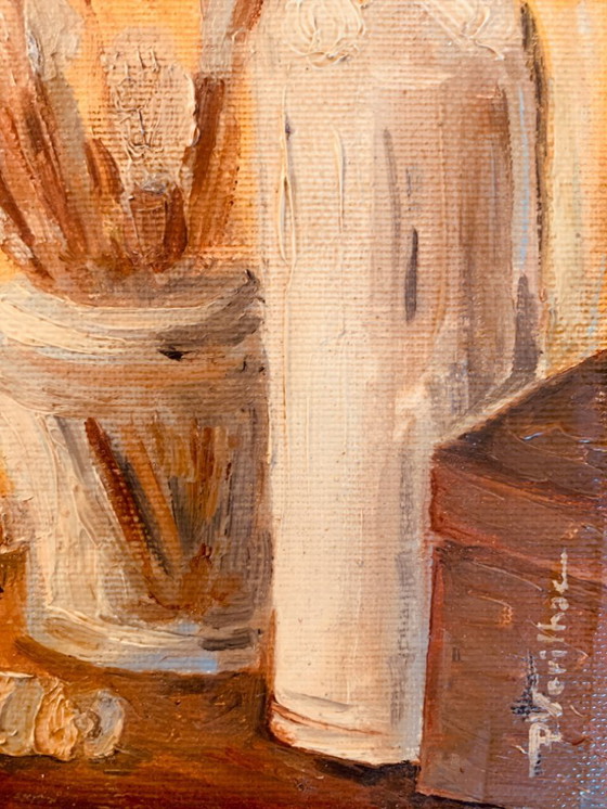Image 1 of Small oil painting on canvas, still life, "studio"