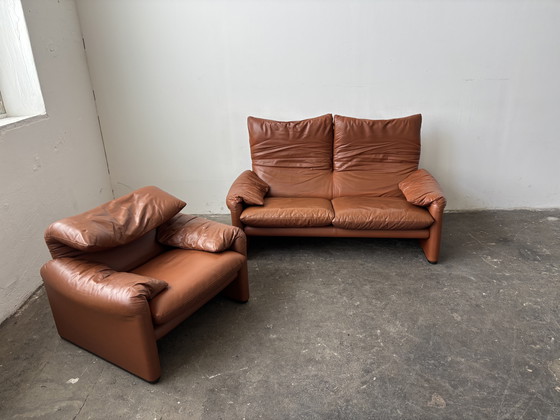 Image 1 of Cassina Maralunga Set Sofa Armchair Cognac Leather Vintage