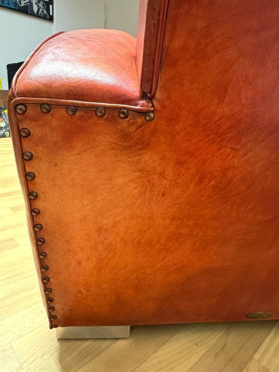 Image 1 of Brocantique Jacques Adnet Art Deco Set: Leren bank, fauteuil en poef