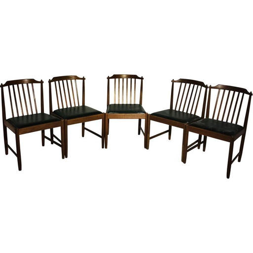 Set of 5 Scandinavian vintage chairs in wood and black leatherette, Sweden 1960