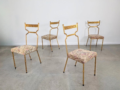 Set of 4 Gilt Wrought Iron Chairs with Floral Tapestry, Spain 1980s