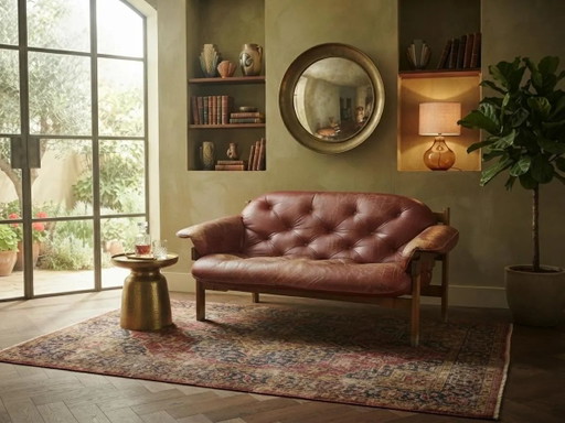 Mid-Century Modern Leren & Houten 2-zits Bankstel van Ipoly Bútorgyár, Hongarije, 1960s–1970s Percival Lafer Stijl
