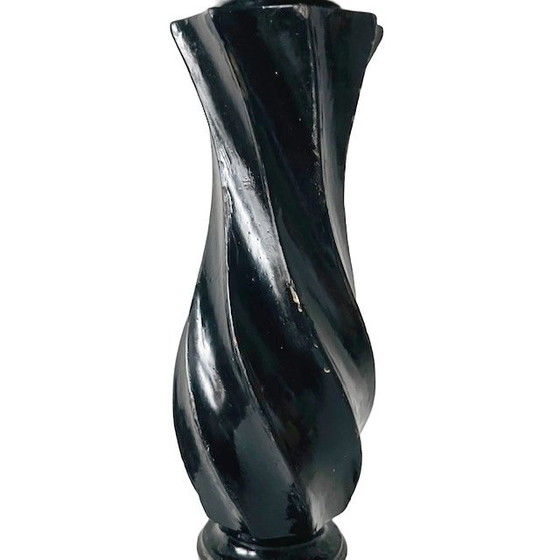 Image 1 of Vintage handgedraaide massief houten plantenzuil zwart pilaar 1940's