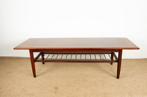 Grande table basse en palissandre et tubes de métal, sur deux niveaux, Danemark 1960 s.
