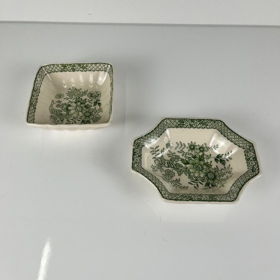 Image 1 of Duo van sieradenbakjes/zeepbakjes van Mason's Ironstone, decor "Stratford" groen, Engeland, 1970