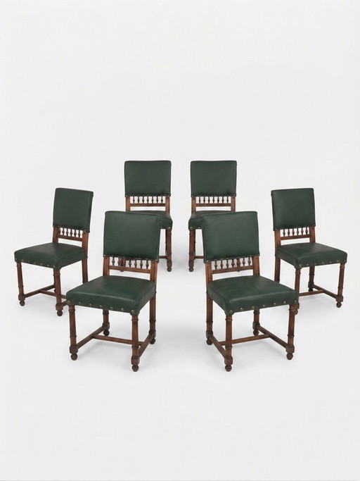 Sedie da pranzo vintage verde scuro con borchie in ottone e schienale a fuso, set di 6