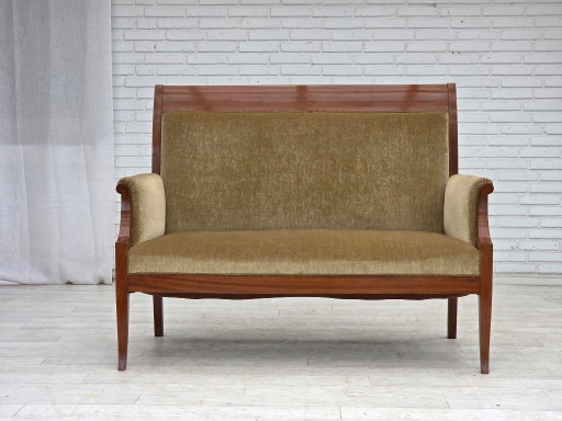 1950s, 2 Seater Danish Highback Sofa, Furniture Velour, Laqered Teak Wood.