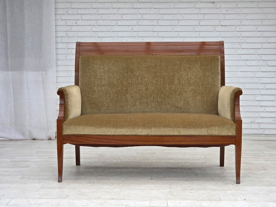Image 1 of 1950s, 2 Seater Danish Highback Sofa, Furniture Velour, Laqered Teak Wood.