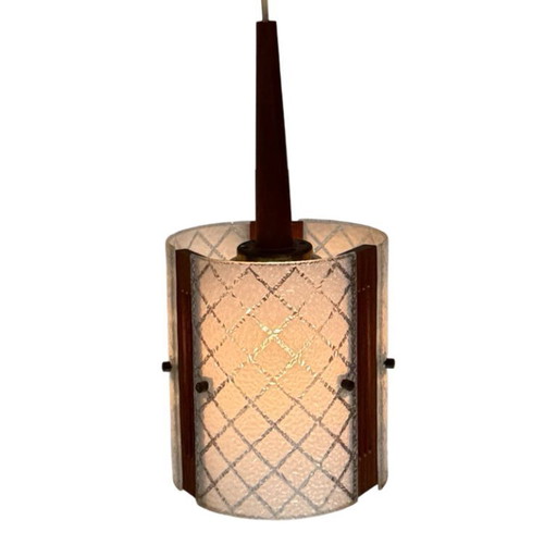 Ca. Plafonnier des années 1960 - design scandinave - avec bois de teck et verre incurvé, y compris le baldaquin d'origine !