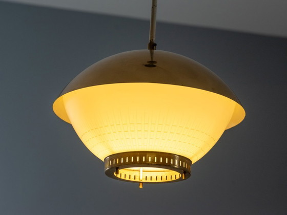 Image 1 of Large Brass Pendant with Engraved Opaline Glass