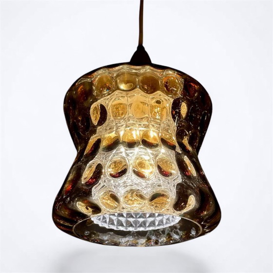 Image 1 of Orrefors by Carl Fagerlund, 1960s, Cozy Mid-Century Scandinavian Pendant in Amber Glass & Teak 