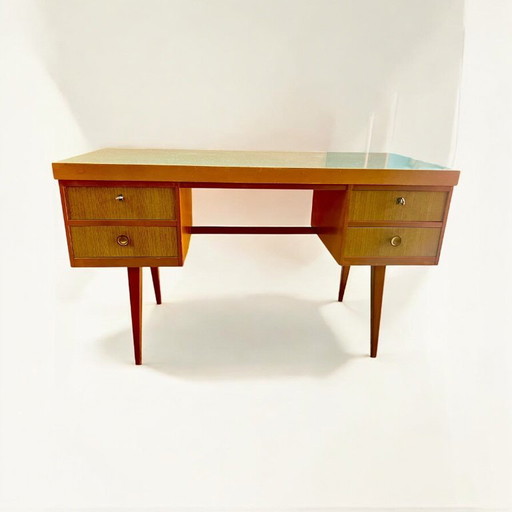 Bureau vintage Eka-Werk des années 50-60 avec plateau en Resopal bleu - charme rétro pour votre maison ou votre bureau