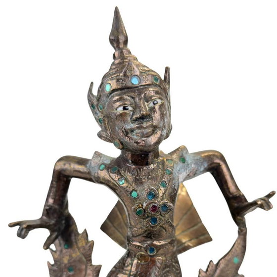 Antiek Thais vuurverguld bronzen Kinnara beeld - 19e eeuw - Ingelegde ogen – Beeldhouwkunst, Glass, Copper (photo 9 of 11)