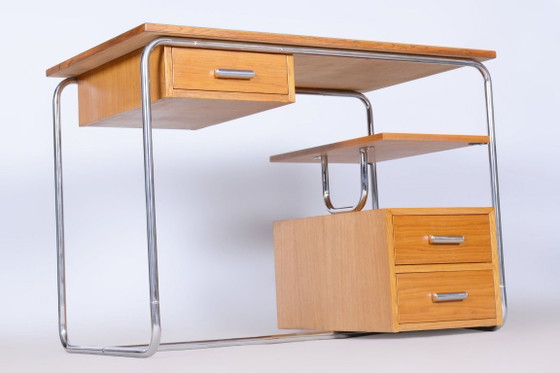Escritorio Bauhaus restaurado, roble, acero cromado, Alemania, década de 1930. – Metal, Wood (photo 3 of 16)