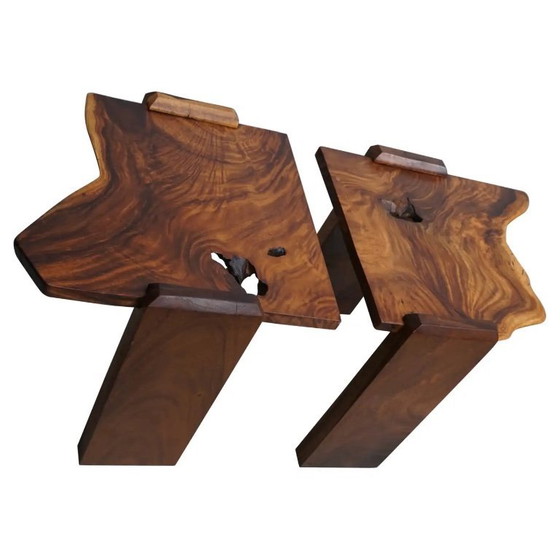 Image 1 of Ensemble de deux tables basses vintage en noyer naturel, vers 1970/1980