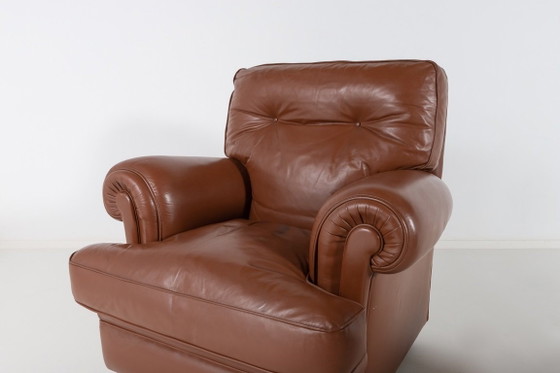 Image 1 of Paire de fauteuils club en cuir marron des années 1970, Italie