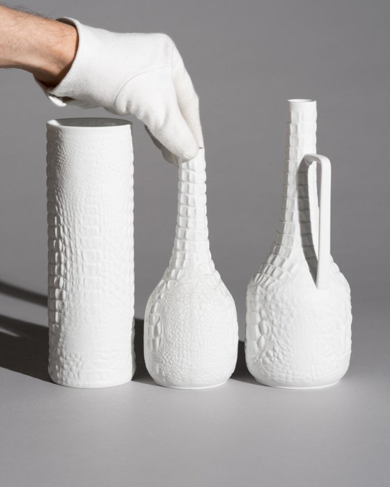 Image 1 of AK Kaiser Biscuit Porcelain Reptile Crocodile Vase Trio Manfred Frey Germany 70s