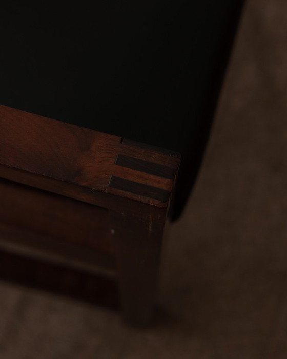 Image 1 of Vintage Houten Armstoel Met Zwart Kunstleer, Scandinavische Stijl