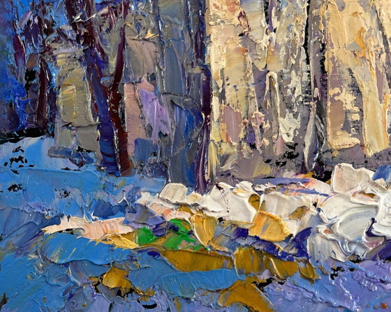 Image 1 of Original Oil Painting Winter Village Landscape Warm evening in grandma's house