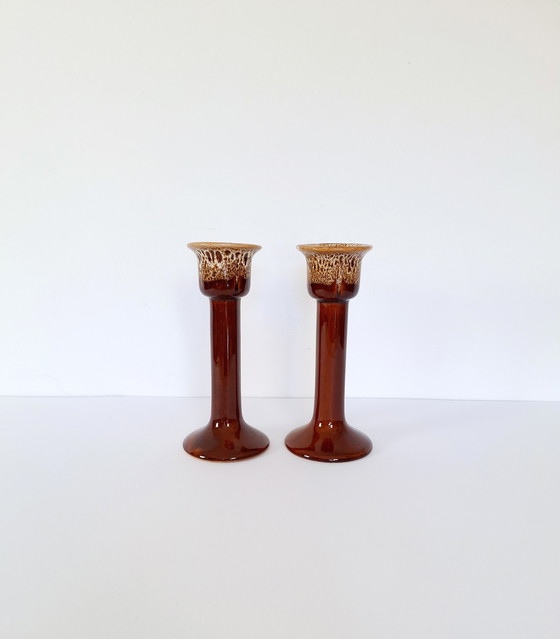 Image 1 of Set van Twee Vintage Keramische Kaarshouders, Vette Lava Kandelaar Houder, Bruine Decoratieve Verzamel Kandelaar
