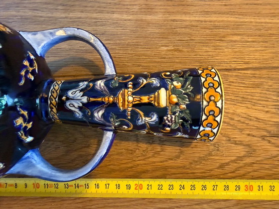 Vintage Gien France vaas met oren – Renaissance Fond Bleu (jaren '60) – Tafelaccessoires, Ceramic (photo 4 of 6)