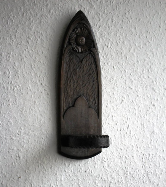 Image 1 of Portacandele da parete in legno massello, vintage, girasole intagliato a mano, grande, marrone