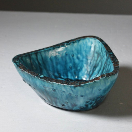 Accolay - Turquoise & black glazed ceramic fruit bowl, France, 1950s