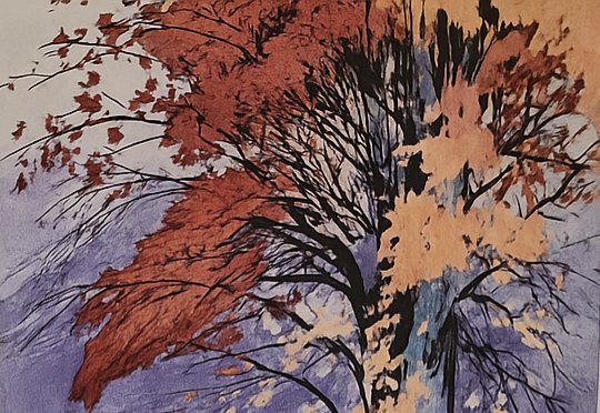 Image 1 of Hand-Signed Autumn Woodcut by Oskar Droege - Framed Vintage Expressionist Print
