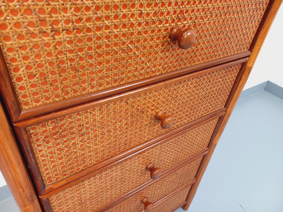 Image 1 of Commode Chiffonnier Semainier Vintage en Rotin, Bois et Cannage des Années 70