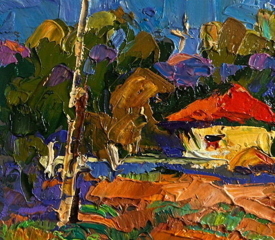 Image 1 of Original Oil Painting Summer Village Landscape Sunny day in the garden