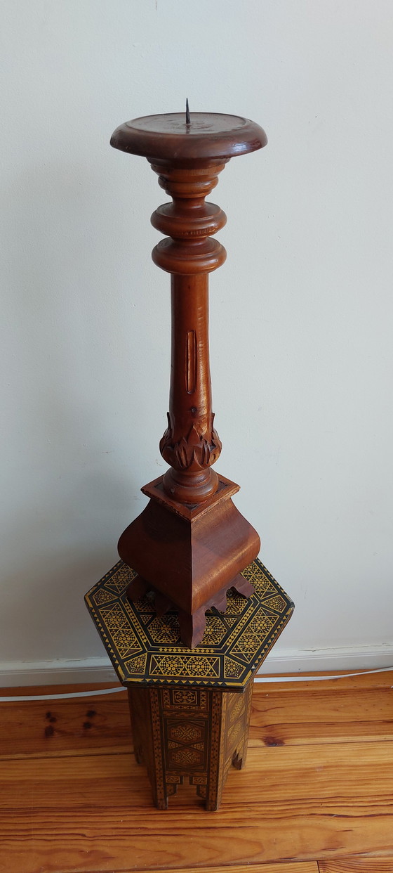 Image 1 of Large Candlestick - Wood - Hand Carved Asia - - 1950-1960
