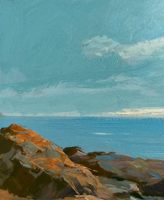 Image 1 of Pintura al óleo original: Paisaje costero marino con un velero en el horizonte.
